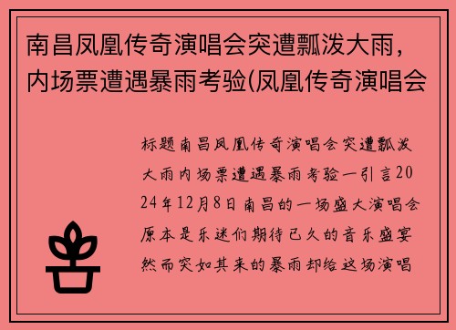 南昌凤凰传奇演唱会突遭瓢泼大雨，内场票遭遇暴雨考验(凤凰传奇演唱会现场版)