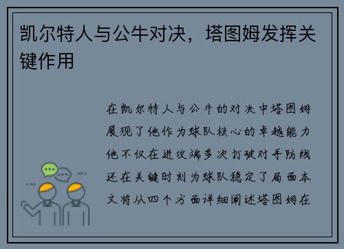 凯尔特人与公牛对决，塔图姆发挥关键作用